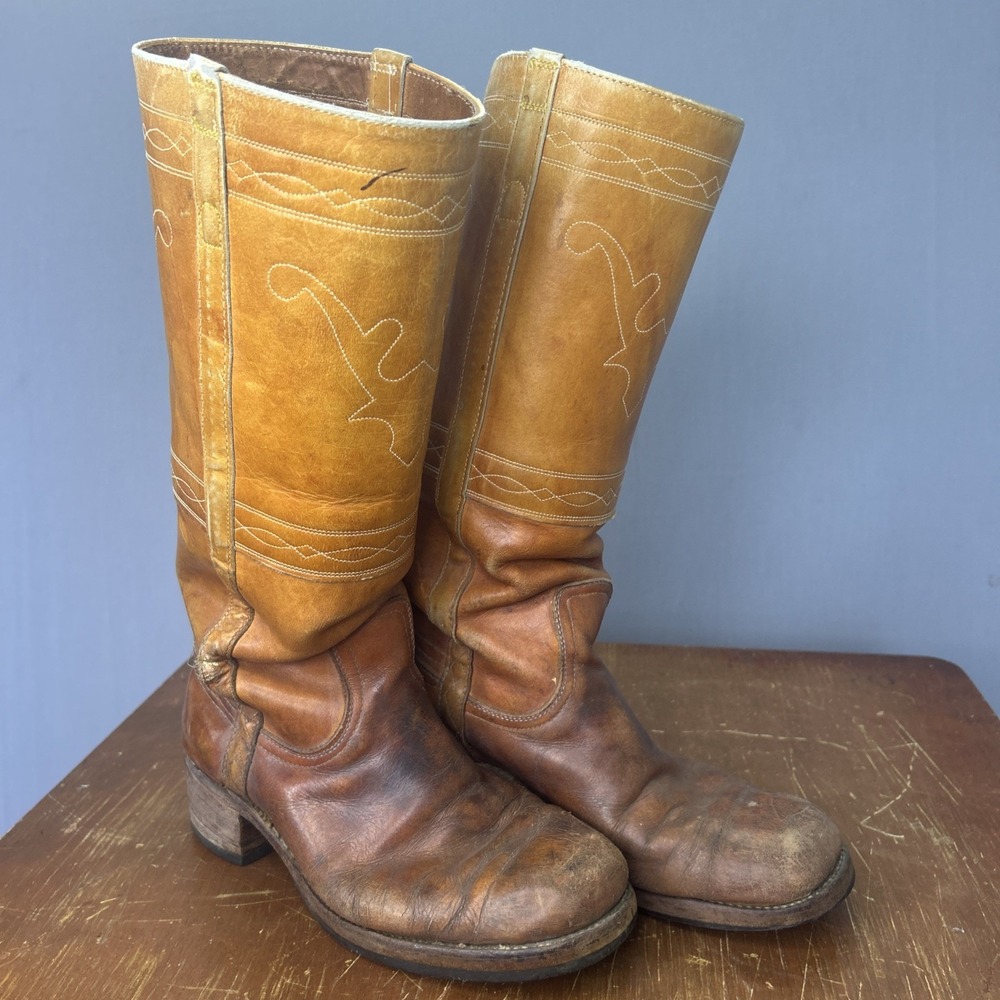 Vintage Frye Black Label Brown Leather Western Campus Boots Men’s 9.5 D Patina